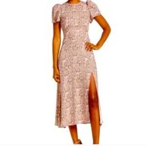 AFRM Jamie Snakeskin Print Cut out Open Back Short Flutter Sleeve Midi Dress